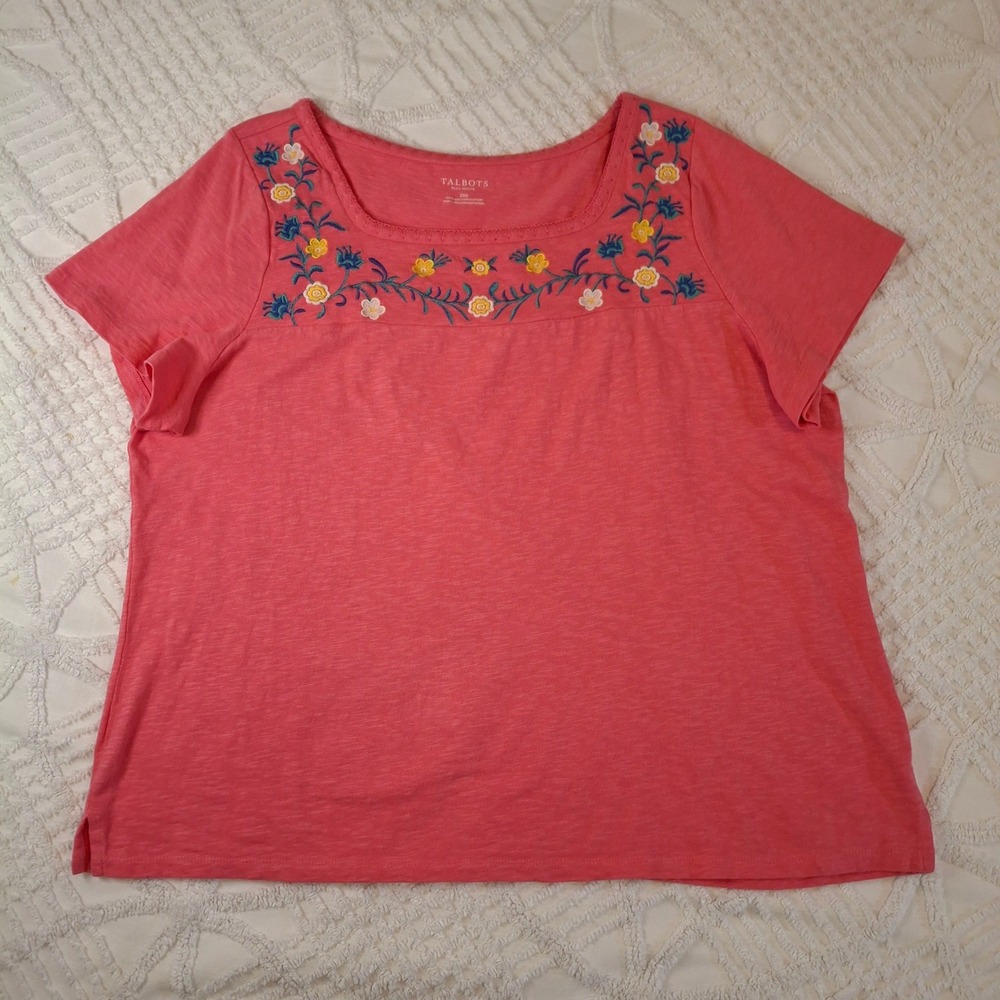 Talbots Womens 2Xp T-Shirt Pink Floral Embroidered Square Neck Short Sleeve